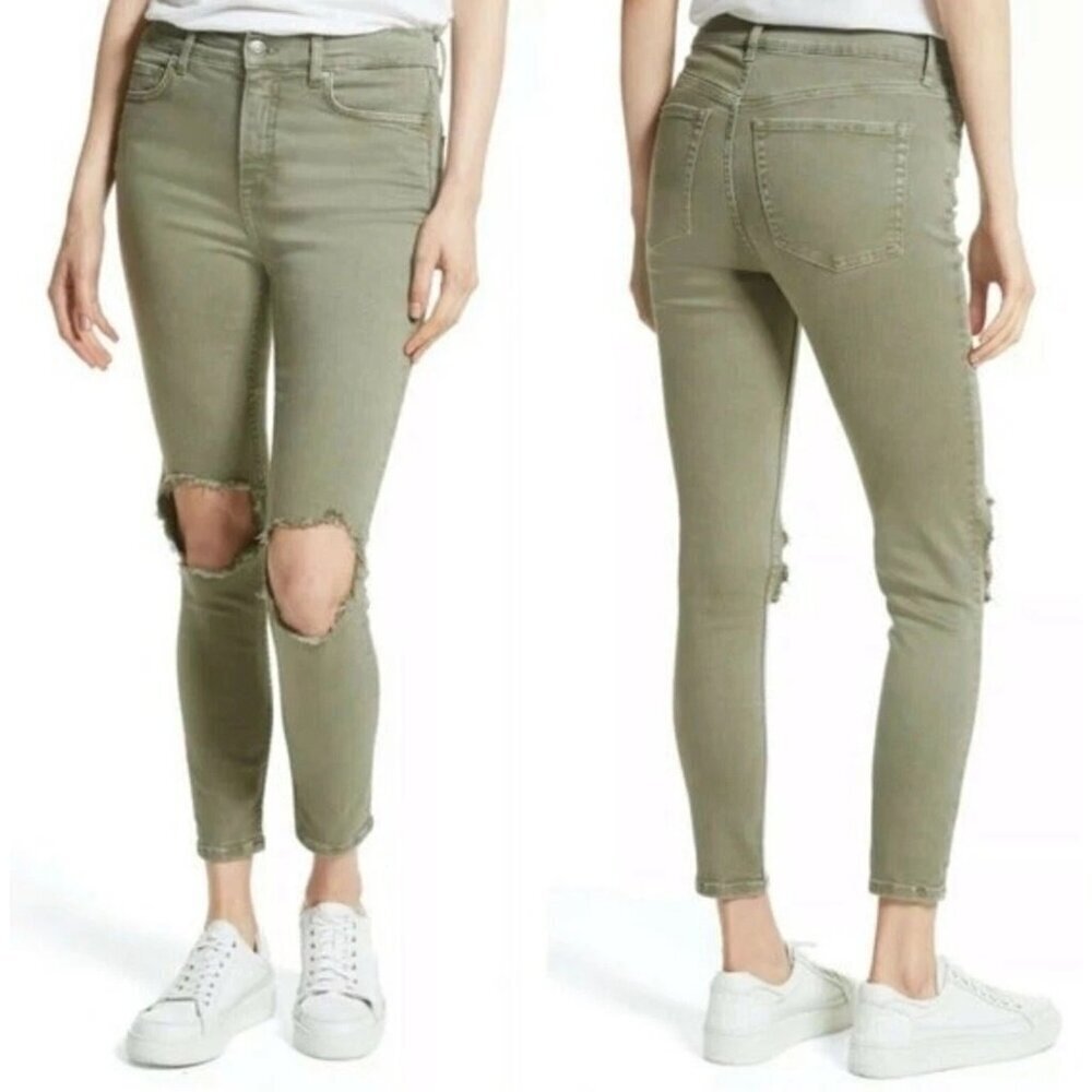 New! Free People Moss Green Denim Busted Knee Skinny Jeans NWT 35880